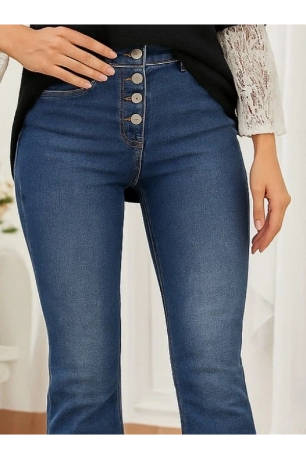 Bidebuvar Kadın Yüksek Bel önden Düğmeli Cep Detay Ispanyol Paça Denim Pantolon