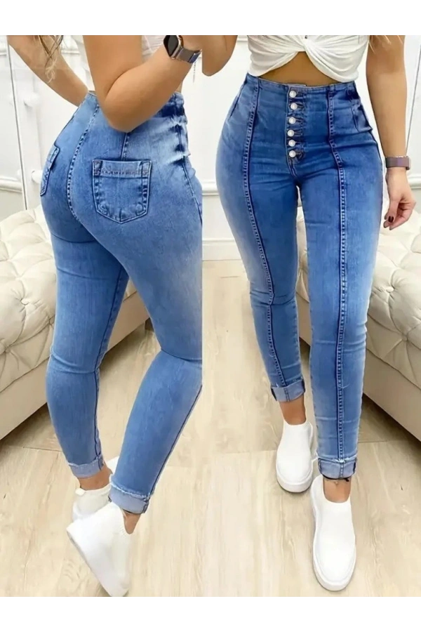 Bidebuvar Kadın Yüksek Bel önden Düğmeli Jean Pantolon