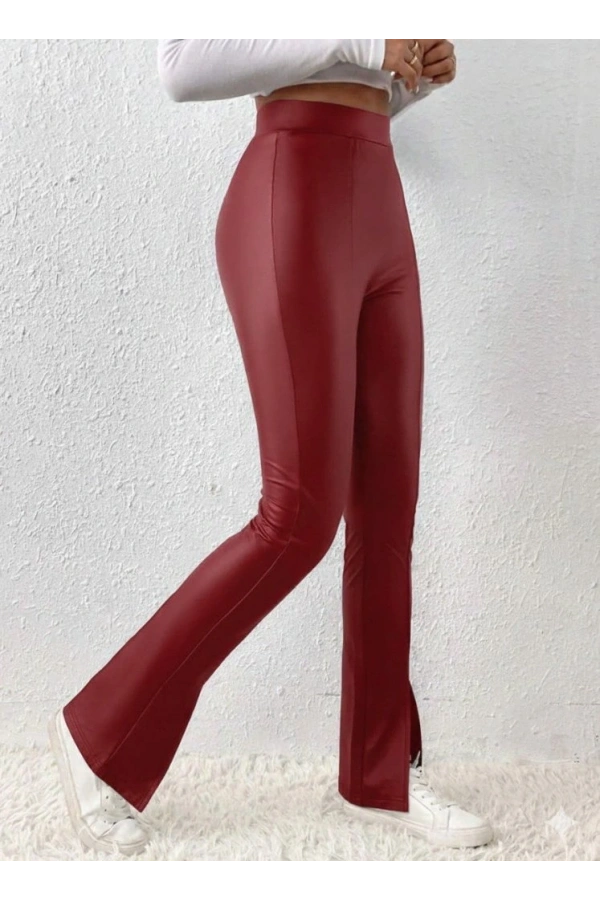 Bidebuvar Kadın Yüksek Bel önden Yırtmaçlı Deri Tayt