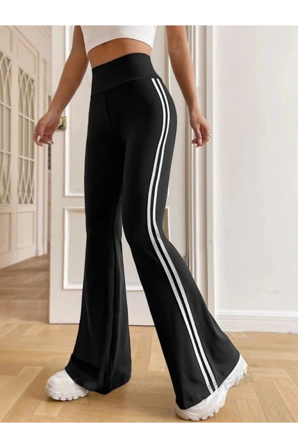 Bidebuvar Kadın Yüksek Bel şerit Detaylı Ispanyol Paçalı Dalgıç Pantolon