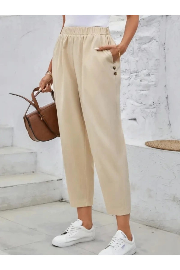 Bidebuvar Kadın Yüksek Bel Yandan Cepli Düğme Detaylı Geniş Kesim Ithal Krep Pantolon