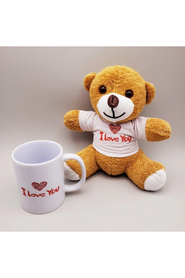 Bidebuvar Kahverengi I Love You Tişörtlü Ayıcık ve Baskılı Kupa Seti