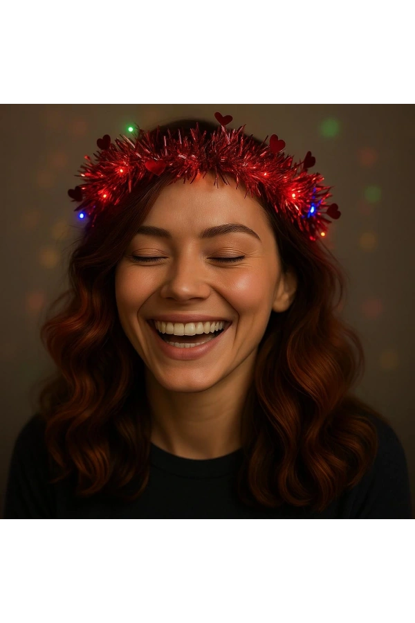 Bidebuvar Kalp Püsküllü 3 Modlu LED Işıklı Taç Kırmızı Renk