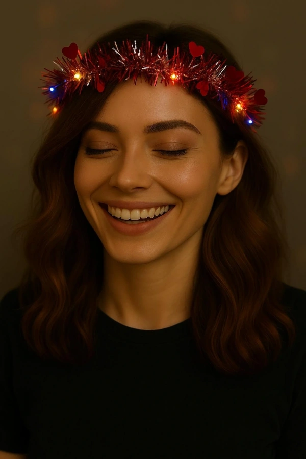 Bidebuvar Kalp Püsküllü 3 Modlu LED Işıklı Taç Kırmızı Renk