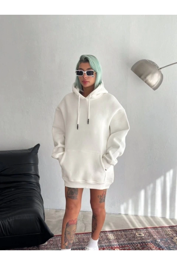 Bidebuvar Kapşonlu Üç İplik Penye Basic SweatShirt - Beyaz