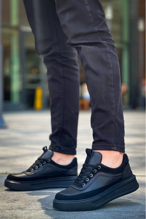 Bidebuvar KB-006 Kuback Siyah Cilt Siyah Yüksek Taban Bağcıklı Günlük Erkek Ayakkabı