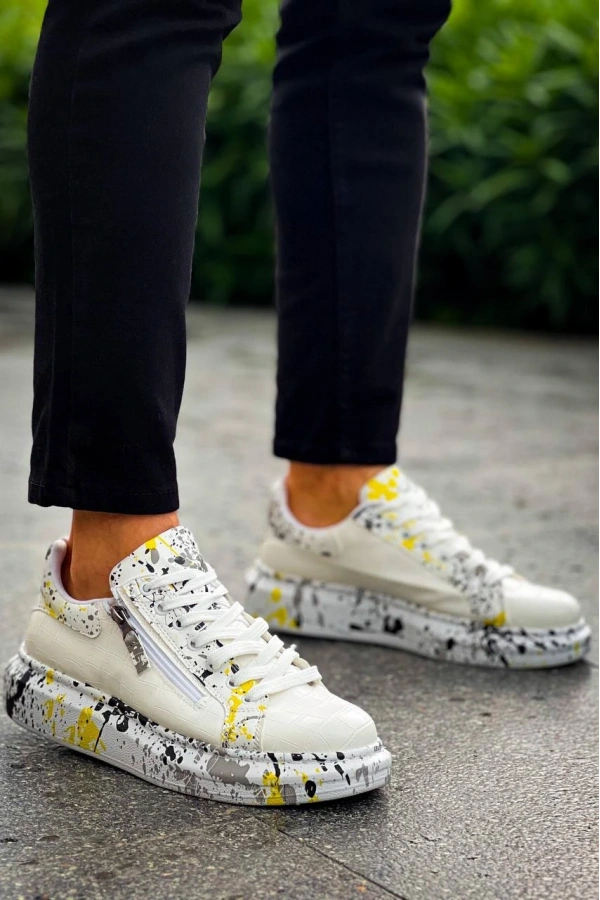 Bidebuvar KB-02  Kuback  Bağcıklı Crocodile Beyaz Sarı Günlük Erkek Ayakkabı