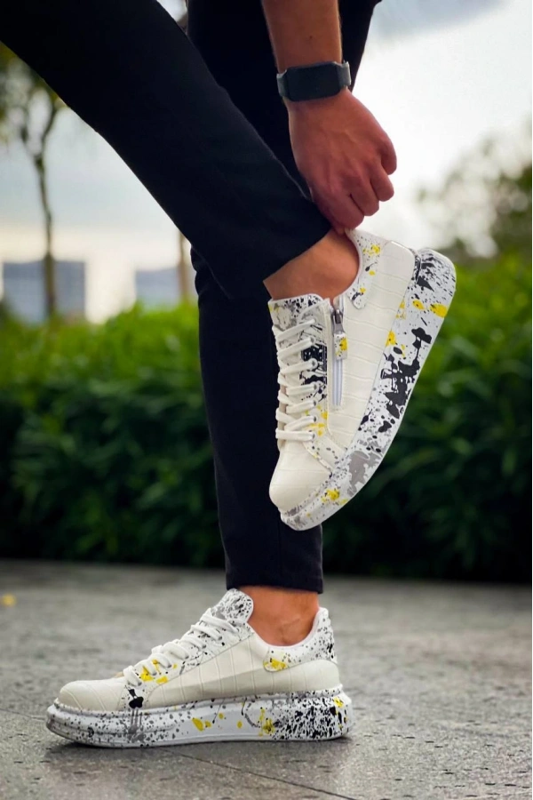 Bidebuvar KB-02  Kuback  Bağcıklı Crocodile Beyaz Sarı Günlük Erkek Ayakkabı