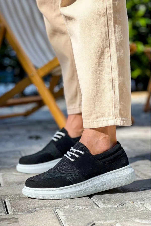 Bidebuvar KB-042  Kuback Bağcıklı  Siyah Deri Tozu Beyaz Taban Günlük Erkek Ayakkabı