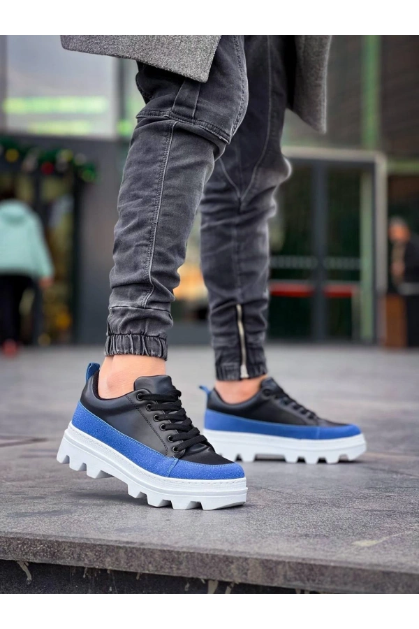 Bidebuvar KB-056 Kuback Siyah Mavi Detaylı Beyaz Yüksek Taban Günlük Spor Ayakkabı