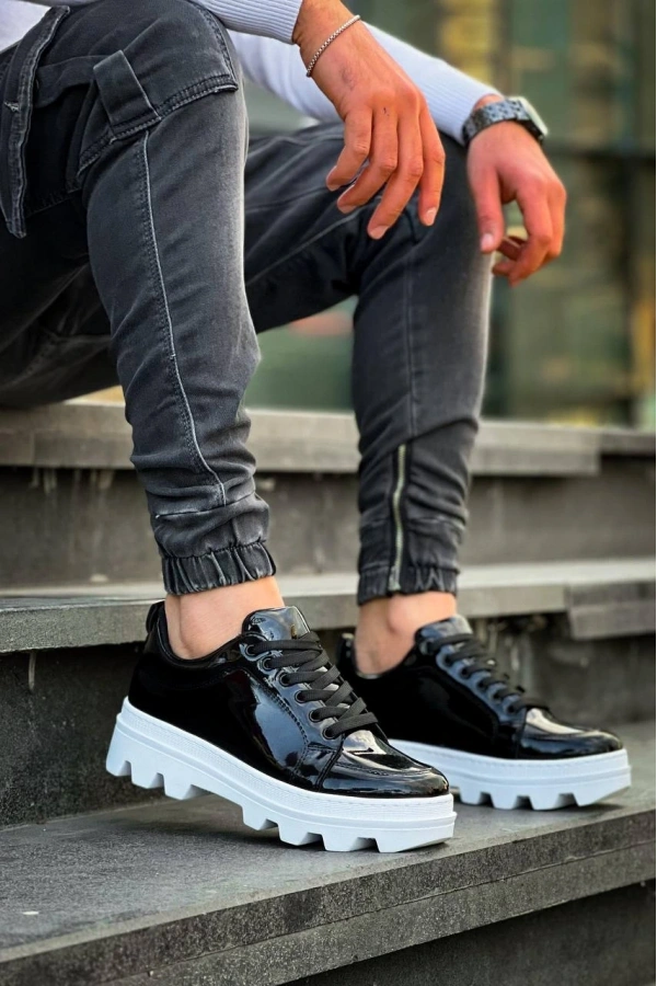 Bidebuvar KB-056 Kuback Siyah Rugan Beyaz Yüksek Taban Günlük Spor Ayakkabı