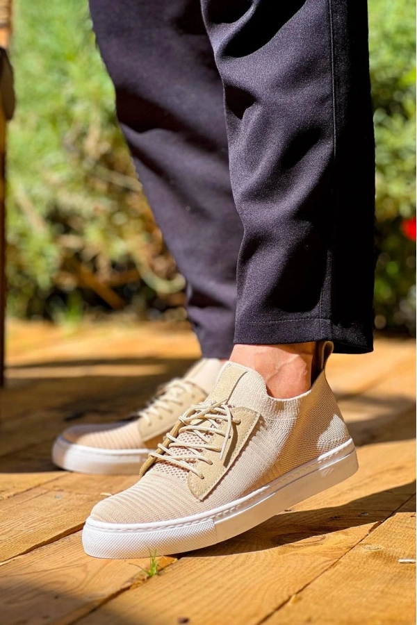 Bidebuvar KB-110  Kuback Bej Triko Yüksek Taban Bağcıklı Günlük Erkek Ayakkabı