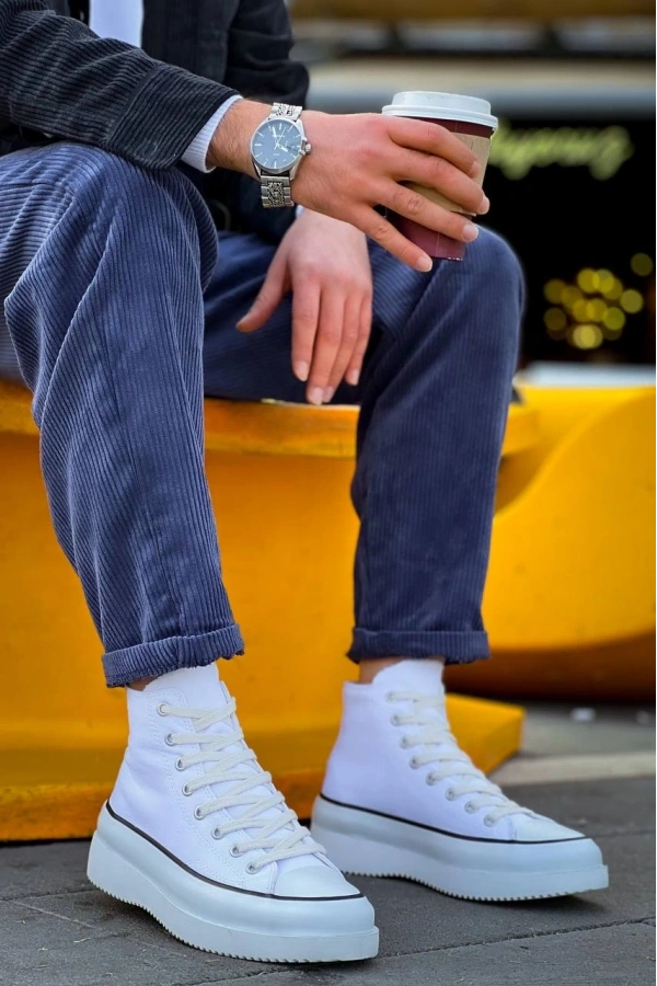 Bidebuvar KB-CX-3 Kuback Uzun Beyaz Keten Beyaz Yüksek Taban Spor Ayakkabı