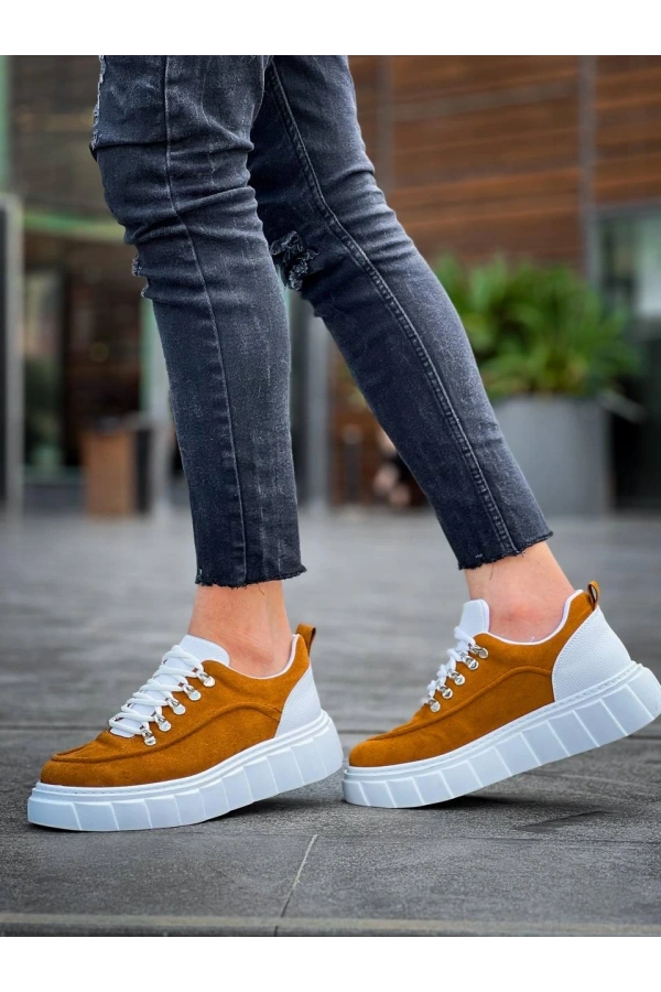 Bidebuvar KB-X10 Kuback Taba Süet Beyaz Yüksek Taban Günlük Spor Ayakkabı