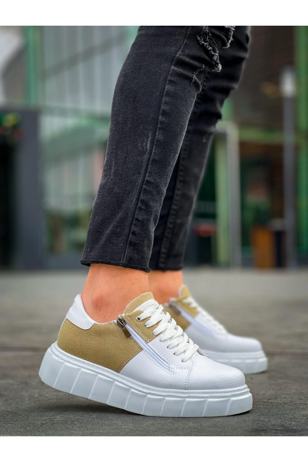 Bidebuvar KB-X155 Kuback Beyaz Cilt Bej Süet Detaylı Beyaz Yüksek Taban Günlük Spor Ayakkabı