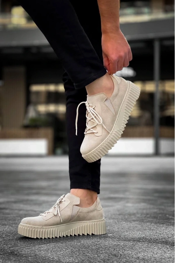 Bidebuvar KB-X502  Kuback Bej Süet Yüksek Bej Taban Bağcık Detaylı Lastikli Günlük Erkek Ayakkabı