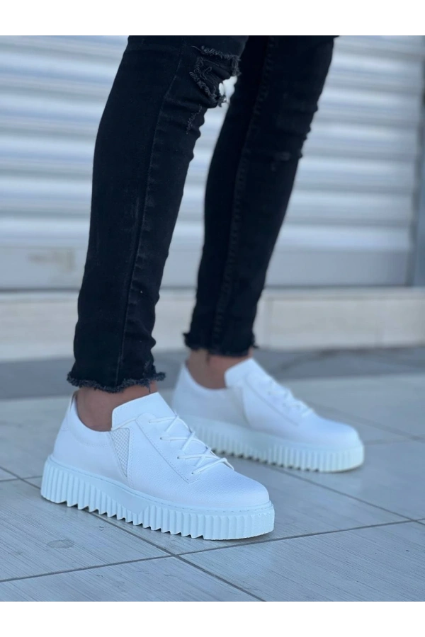 Bidebuvar KB-X502  Kuback Beyaz Cilt Yüksek Beyaz Taban Bağcık Detaylı Lastikli Günlük Erkek Ayakkabı