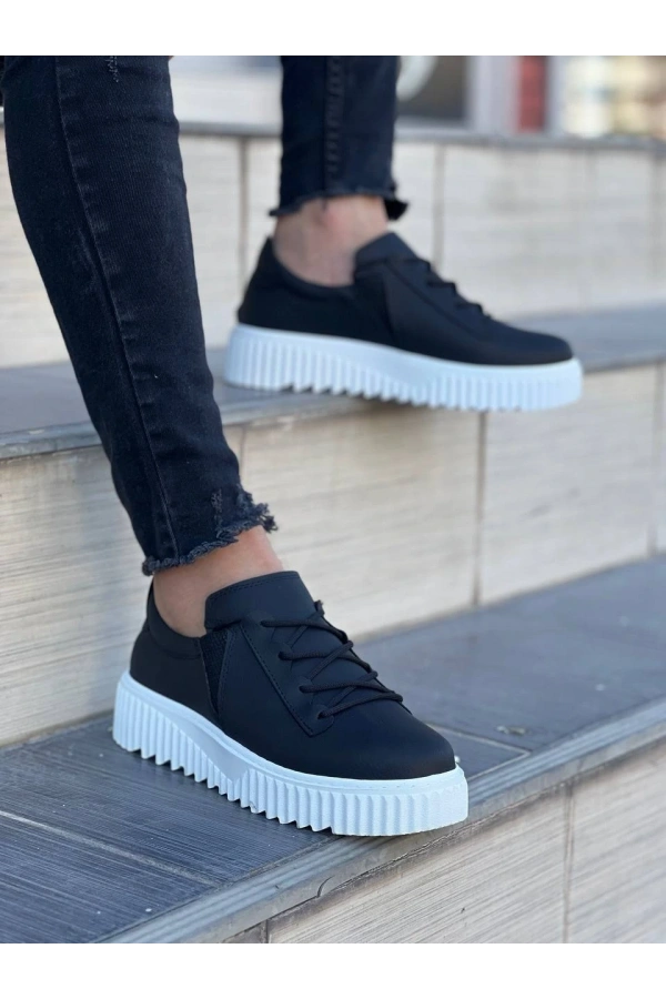 Bidebuvar KB-X502  Kuback Siyah Cilt Yüksek Beyaz Taban Bağcık Detaylı Lastikli Günlük Erkek Ayakkabı