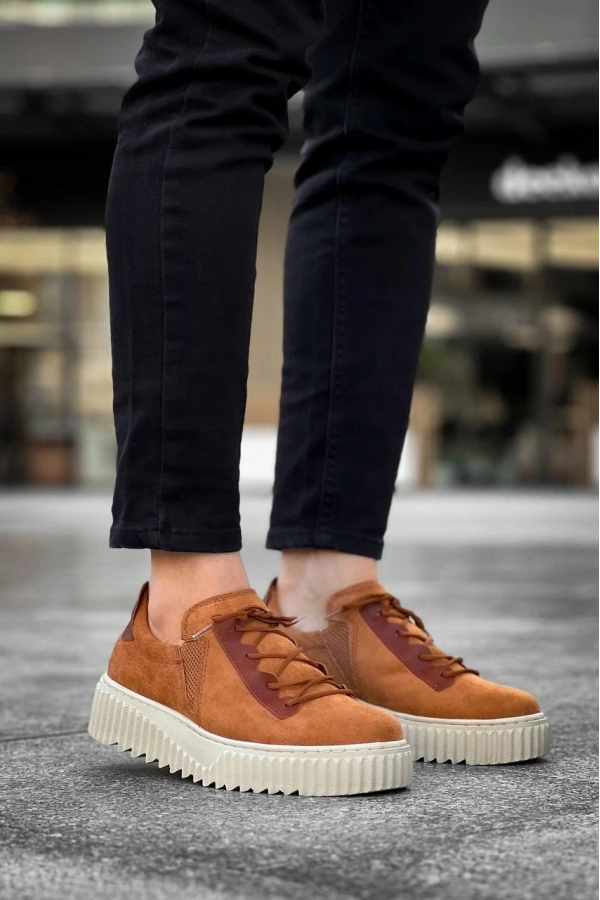 Bidebuvar KB-X502  Kuback Taba Süet Yüksek Bej Taban Bağcık Detaylı Lastikli Günlük Erkek Ayakkabı