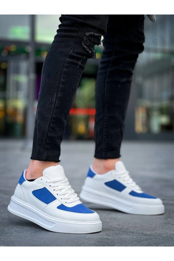 Bidebuvar KB-X8 Kuback Beyaz Cilt Mavi Süet Detaylı Beyaz Yüksek Taban Günlük Spor Ayakkabı