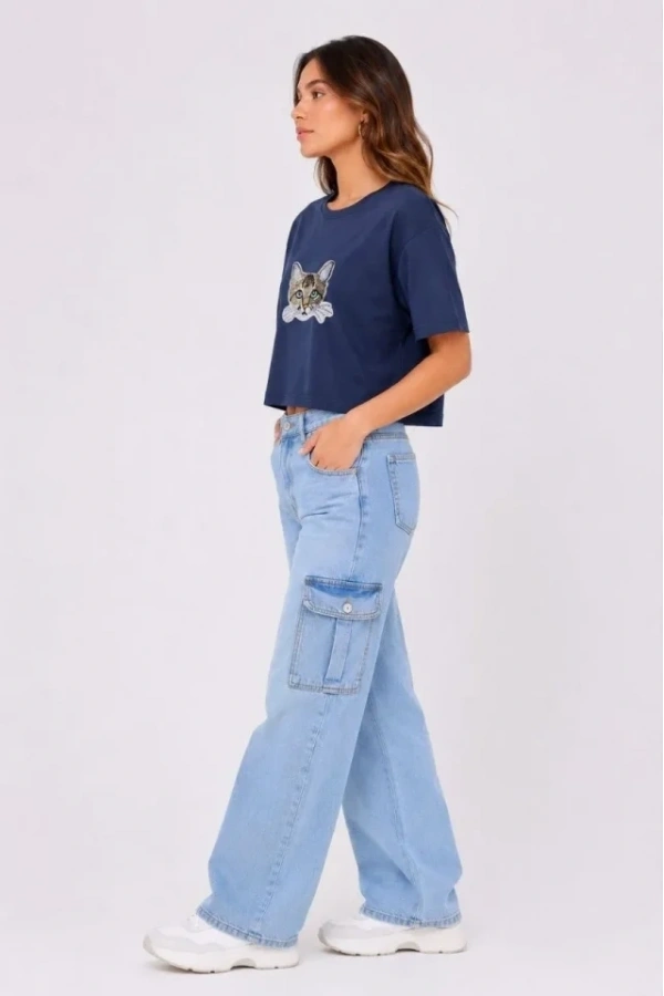 Bidebuvar Kedi Baskılı Oversize Crop Tişört Salaş Basic Yarım Kol T-shirt - Lacivert