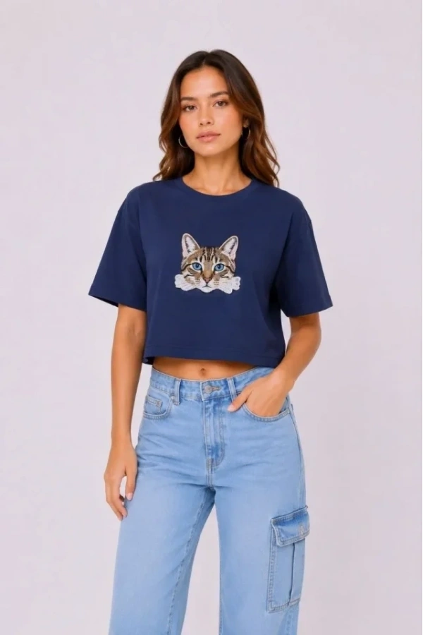 Bidebuvar Kedi Baskılı Oversize Crop Tişört Salaş Basic Yarım Kol T-shirt - Lacivert