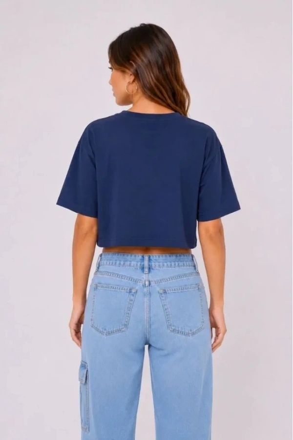 Bidebuvar Kedi Baskılı Oversize Crop Tişört Salaş Basic Yarım Kol T-shirt - Lacivert