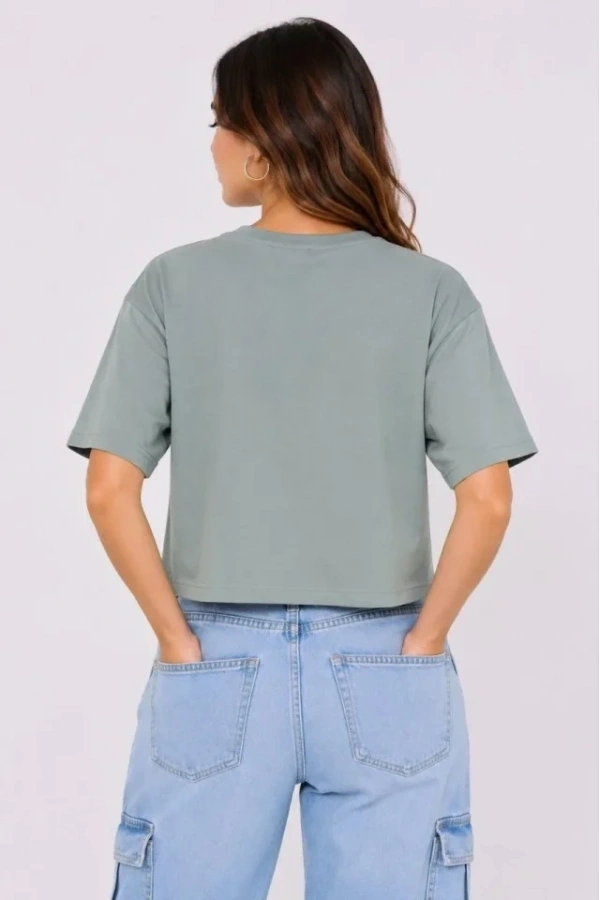 Bidebuvar Kedi Baskılı Oversize Crop Tişört Salaş Basic Yarım Kol T-shirt - Mint Yeşili