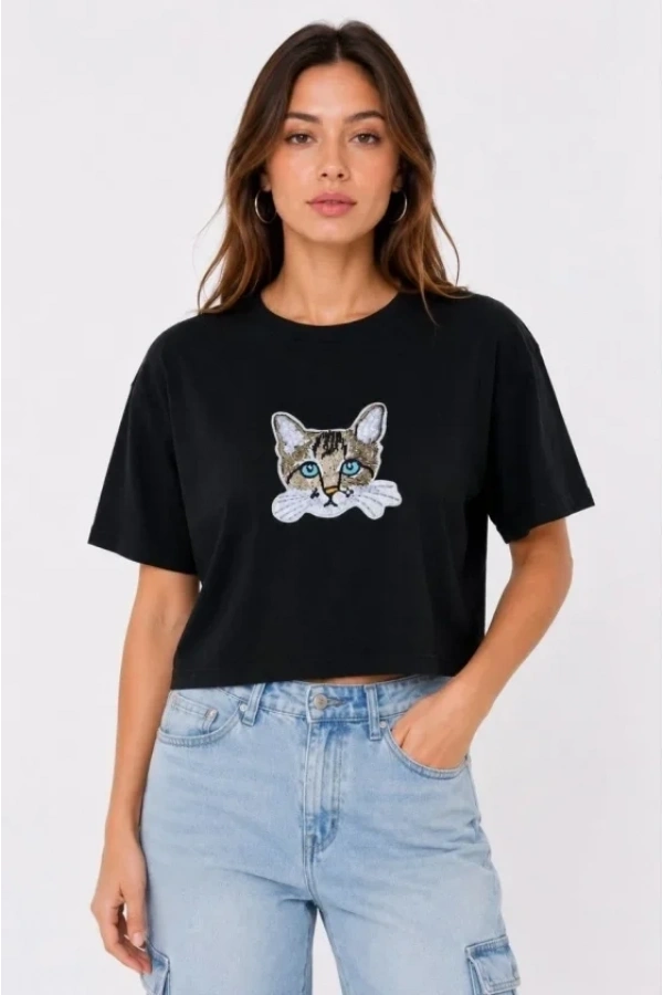 Bidebuvar Kedi Baskılı Oversize Crop Tişört Salaş Basic Yarım Kol T-shirt - Siyah