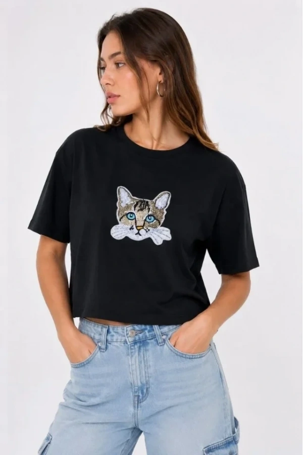 Bidebuvar Kedi Baskılı Oversize Crop Tişört Salaş Basic Yarım Kol T-shirt - Siyah