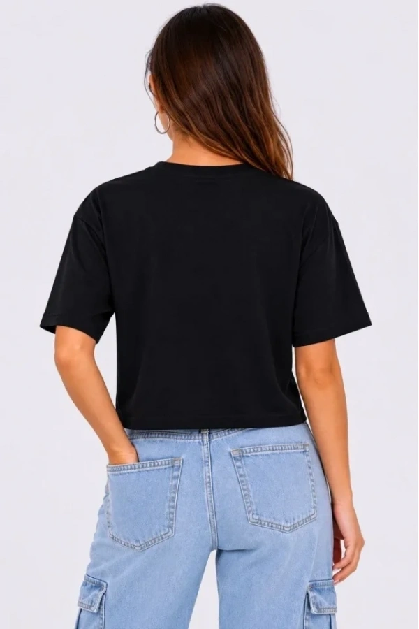 Bidebuvar Kedi Baskılı Oversize Crop Tişört Salaş Basic Yarım Kol T-shirt - Siyah