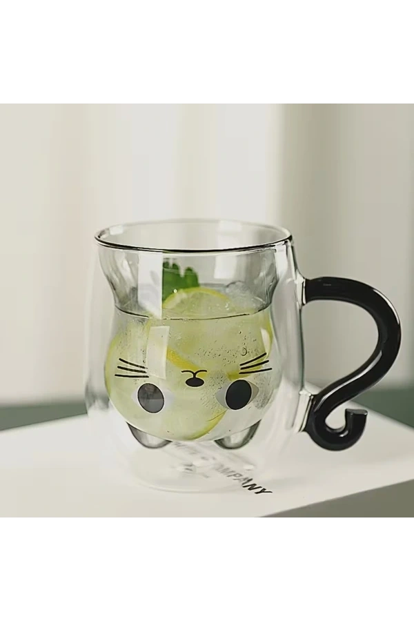 Bidebuvar Kedi Figürlü Çift Cidarlı Cam Bardak