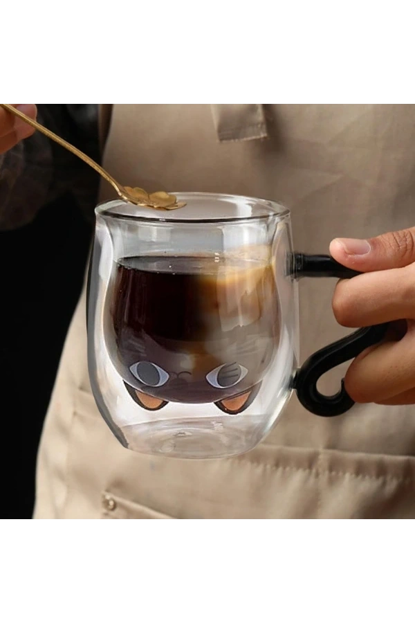 Bidebuvar Kedi Figürlü Çift Cidarlı Cam Bardak