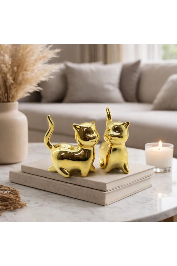 Bidebuvar Kedi Tasarımlı Biblo - Büyük Boy - Seramik - Parlak Altın