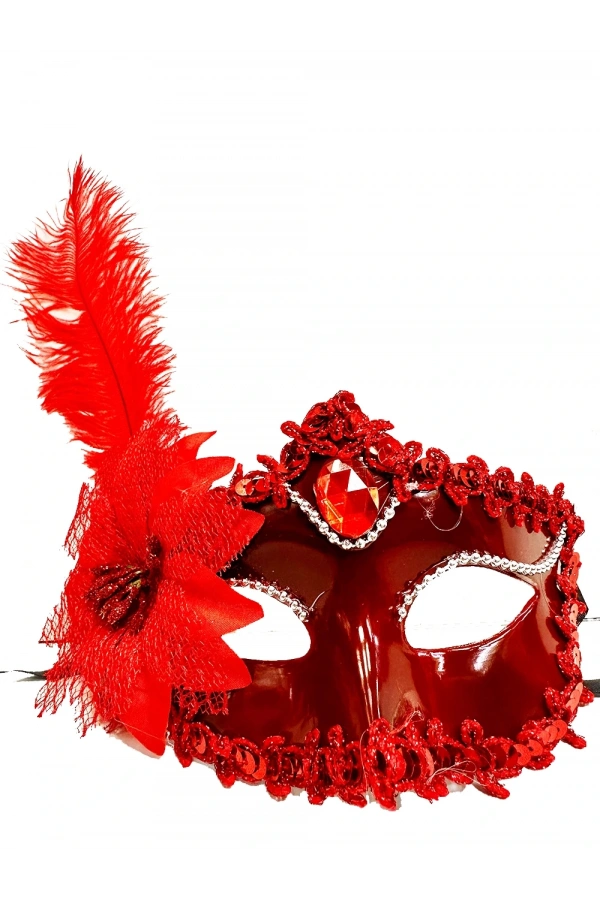 Bidebuvar Kırmızı Güllü ve Tüylü Venedik Maskesi