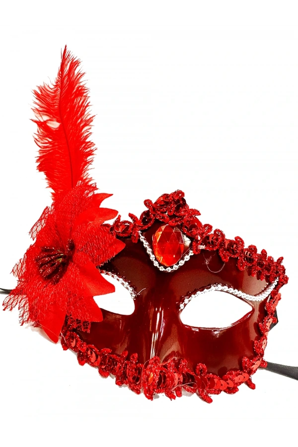 Bidebuvar Kırmızı Güllü ve Tüylü Venedik Maskesi