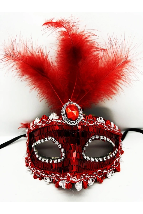 Bidebuvar Kırmızı Payetli Pullu Tüylü Parti Maskesi