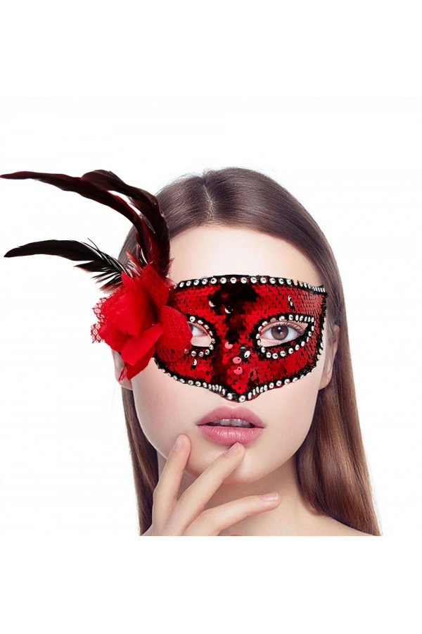 Bidebuvar Kırmızı Yandan Tüylü Güllü Taşlı Pullu Maske