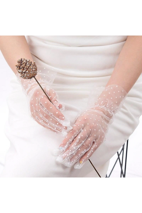 Bidebuvar Kısa Boy Güpürlü Beyaz Puantiyeli Tül Eldiven