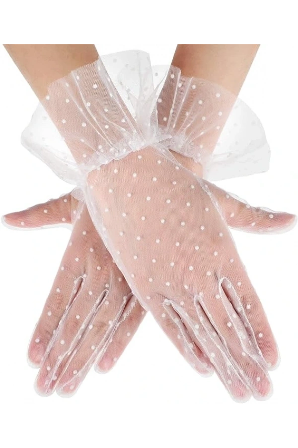 Bidebuvar Kısa Boy Güpürlü Beyaz Puantiyeli Tül Eldiven