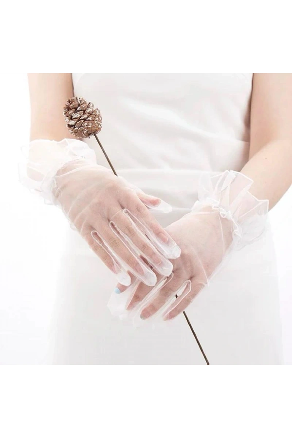 Bidebuvar Kısa Boy Likralı Güpürlü Yetişkin Tül Eldiven