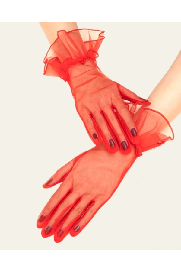 Bidebuvar Kısa Boy Likralı Güpürlü Yetişkin Tül Eldiven Kırmızı Renk