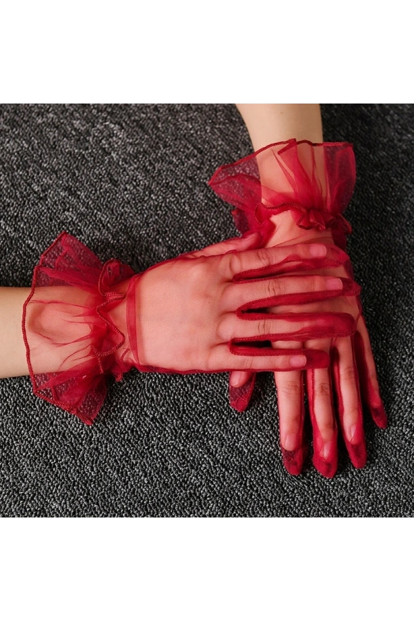 Bidebuvar Kısa Boy Likralı Güpürlü Yetişkin Tül Eldiven Kırmızı Renk