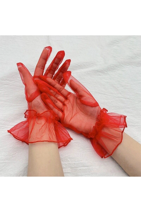 Bidebuvar Kısa Boy Likralı Güpürlü Yetişkin Tül Eldiven Kırmızı Renk