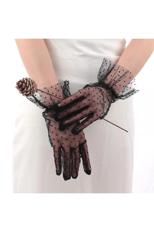 Bidebuvar Kısa Güpürlü Siyah Puantiyeli Tül Eldiven