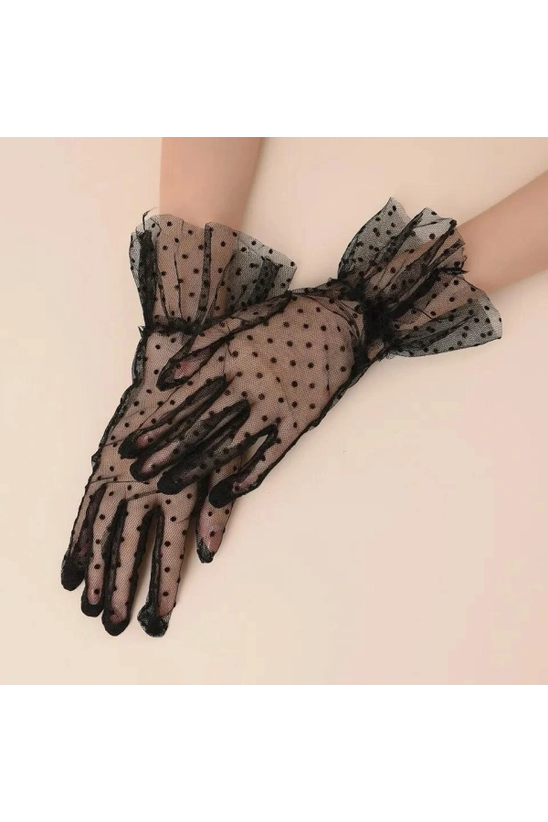 Bidebuvar Kısa Güpürlü Siyah Puantiyeli Tül Eldiven