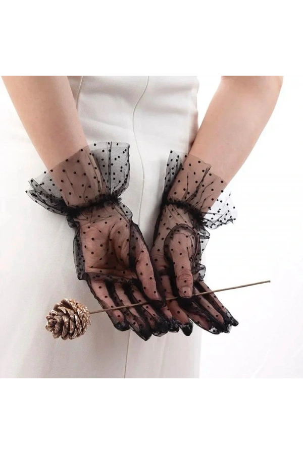 Bidebuvar Kısa Güpürlü Siyah Puantiyeli Tül Eldiven