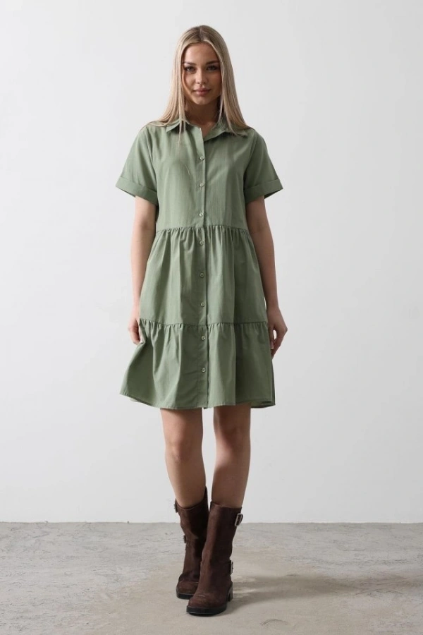 Bidebuvar Kısa Kol Düğmeli Elbise - Haki