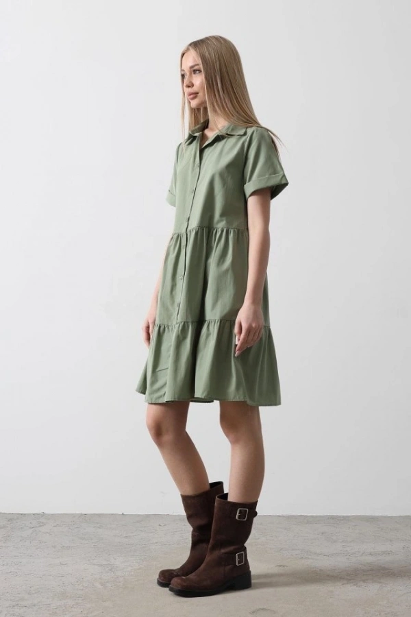 Bidebuvar Kısa Kol Düğmeli Elbise - Haki