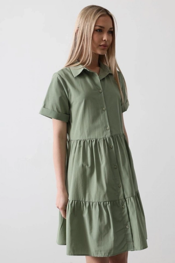 Bidebuvar Kısa Kol Düğmeli Elbise - Haki